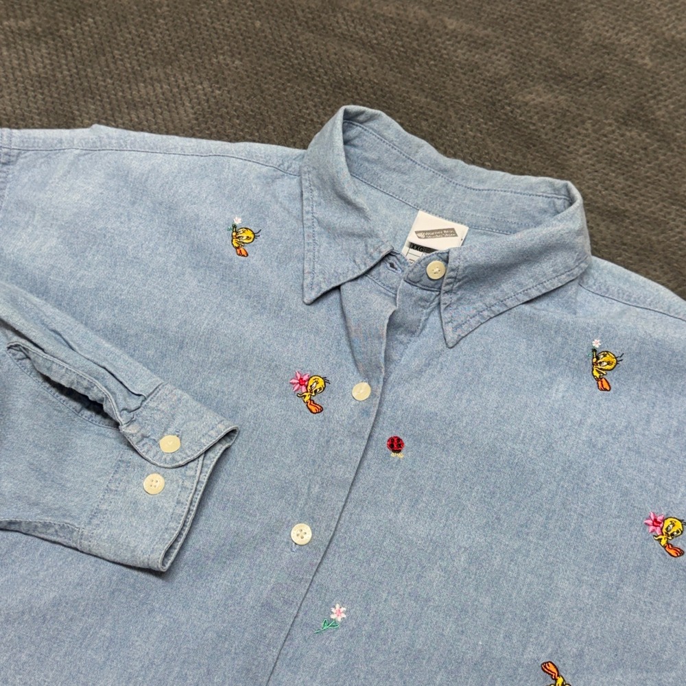 Vintage 1999 Warner Bros Tweety Bird Embroidered Denim Shirt XXL‎ Looney Tunes